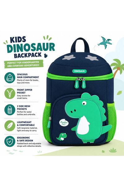 VARENTIS Rucsac anatomic din neopren pentru copii, model 3D dinozaur, verde m...