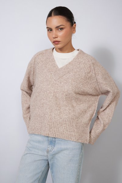 Nisan V-Neck Italian Raglan Oversized Wool Sweater in Stone