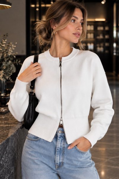 Arbucky Women's Crew Neck Double-Zip Knit Cardigan