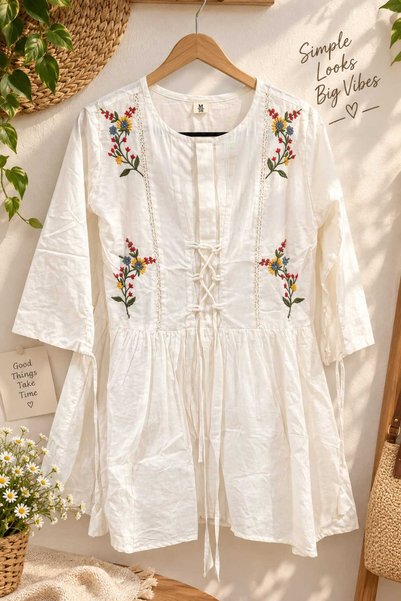 Generic Brand PURE LINEN COTTON EMBROIDED TUNIC FOR WOMEN FROM M TO XXL
