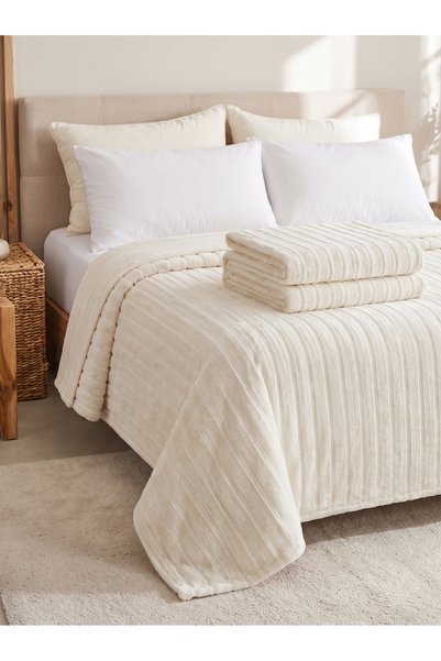 Destan Home Stripe Fluffy Double Blanket 220x240 cm - Ecru