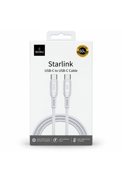 WIWU كابل شحن سريع من نوع USB-C إلى USB-C من ستارلينك، بقدرة 60 واط، باللون ا...
