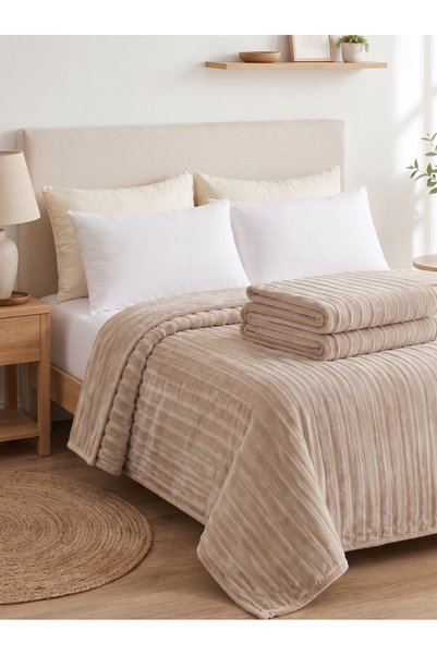 Destan Home Stripe Fluffy Double Blanket 220x240 cm - Beige