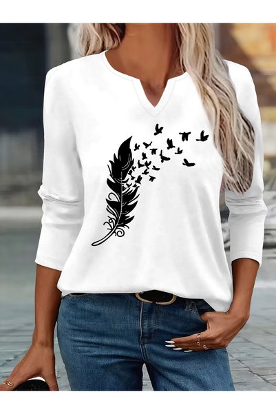 Deocept Mix-Printed Cotton-Lycra Half-V-Neck Short-Sleeved Blouse