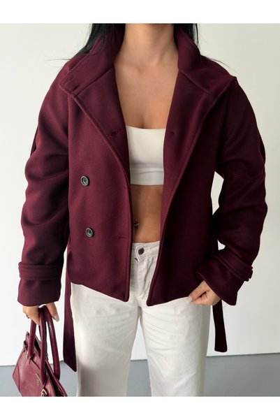 MODA DURAĞI Arven high neck, belted, short, linered kaşe coat, black, brown.