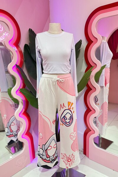 EFBUTİK White and Pink Spider-Gwen Wide-Leg Sweatpants