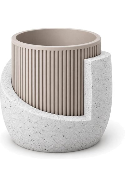 Generic Ribbed Planter with Drip Base 16.5 cm, 12 cm Opening, Taupe & Marble