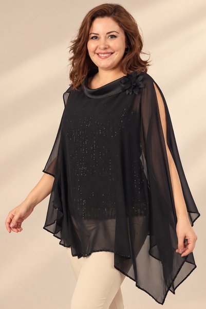 By Saygı Plus-Size Chiffon Cape with Satin Collar and Sequin-Embellished Hem ...