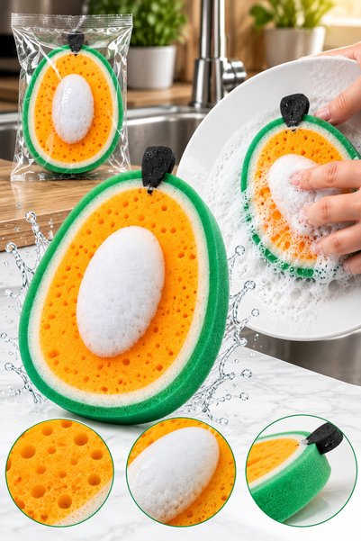 Doori Avokado Desenli Bulaşık Süngeri – Meyve Modeli Dekoratif Mutfak Temizlik Süngeri – Gözenekli Yumuşak Sünger – 14,5 x 10 x 3 cm