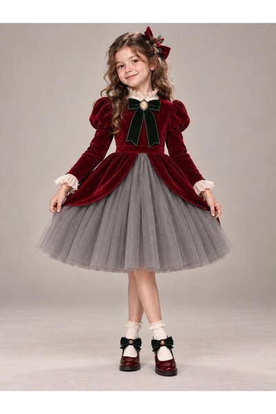 PRİNCESS Girls' Burgundy Velvet and Gray Tulle New Year's and Special Occasio...