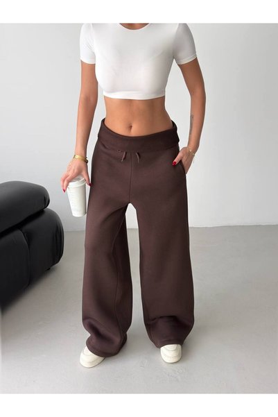 BE CHİC Women's brown, pocketed, pleated, fleece-lined, Wide-Leg sweatpants G...