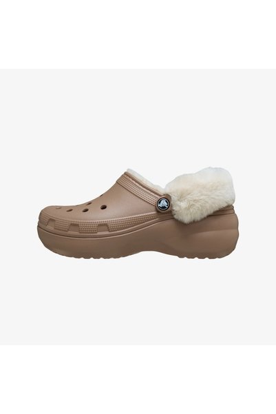 Crocs Saboti clasici cu platformă, căptușiți cu blană, bej (de damă)