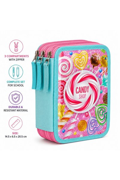 VARENTIS Penar triplu echipat Candy Shop, roz holografic, 14,5x6,5x20,5 cm, 3...