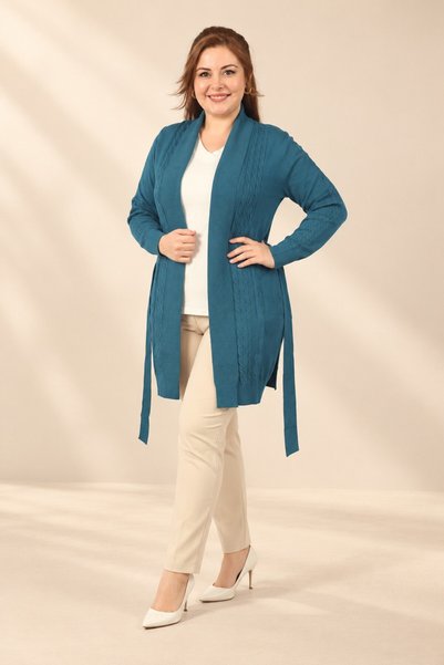 By Saygı Women's Shawl Collar, Pocket Detail, Knitted Detail, Plus-Size, Stre...