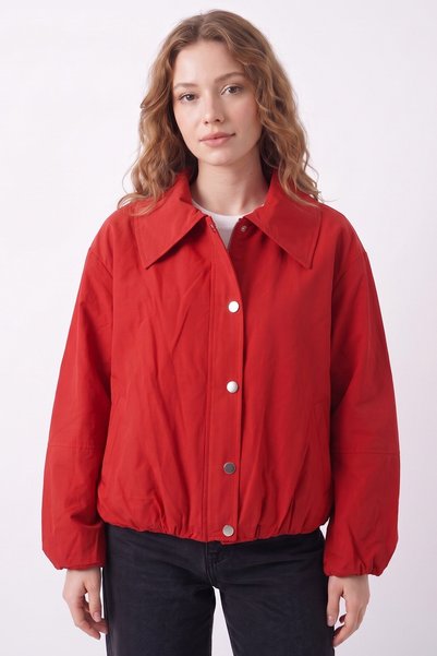 hadiora Women's Red Shirt Collar Zipper-Front Lined Transitional Bomber Jacket