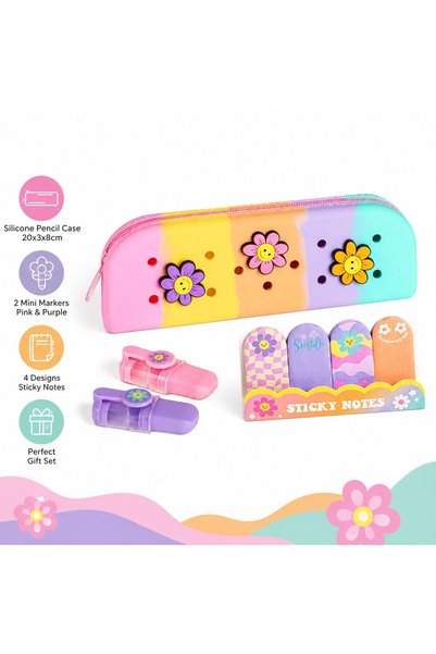 VARENTIS Set penar din silicon multicolor cu flori, 2 mini markere și notițe ...