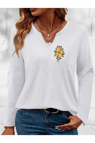 Deocept Mix-Printed Cotton-Lycra Half-V-Neck Short-Sleeved Blouse