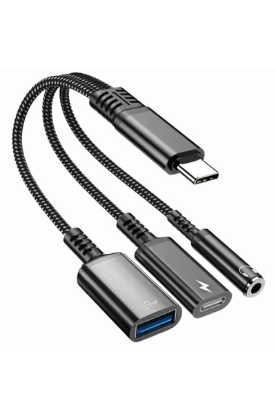 Lunatic 6660 Usb Type C To Otg Çoklayıcı Çevirici Adaptör 3.0 Hızlı Şarj 3.5mm Kulaklık 3in1 Dönüştüc