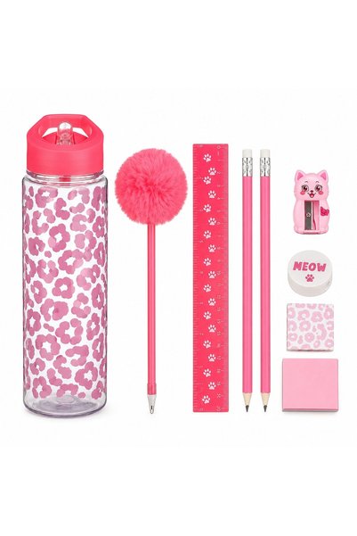 VARENTIS Set Scoala Roz 8 Piese cu Sticla de Apa Flip Top, Pix cu Pompom, 2 C...