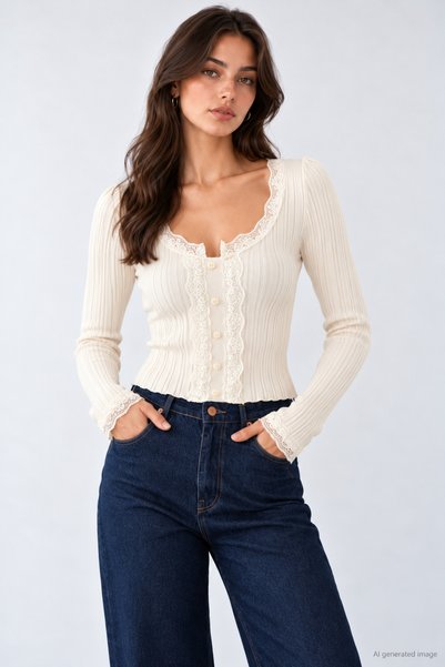 Lupies Women's Cardigan-Style Sweater with Lace Collar and Buttons