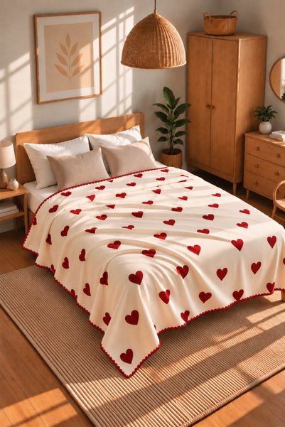 DECOVİST HOME Çift Kişilik Termal Battaniye – Yumuşak Dokulu, Desenli Krem Kı...