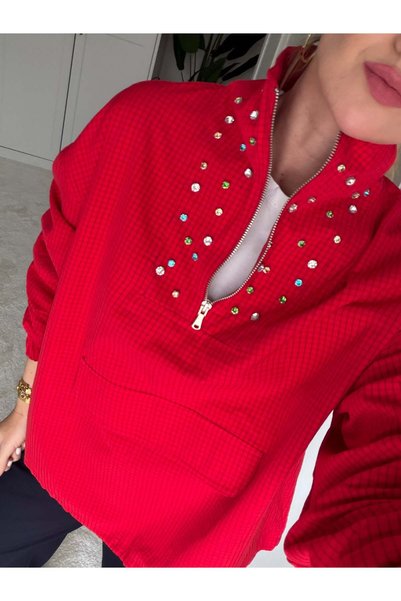 begum mayda Orijinal Model Kırmızı Yakası Taş İşlemeli Sweat & Modal Pantalon...