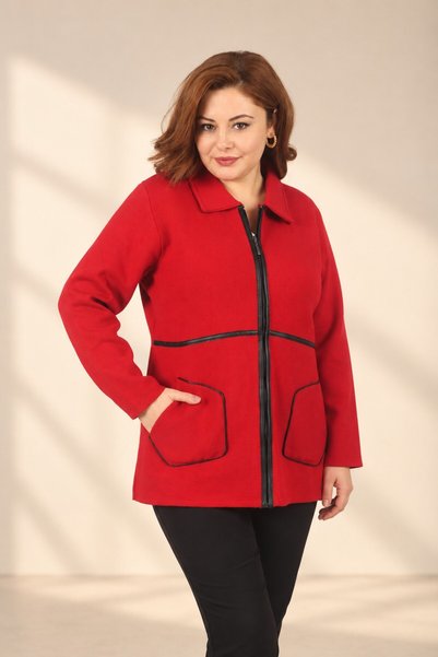 By Saygı Women's Front Zippered, Leather-Piped, Zippered Pocket, Plus-Size Ac...