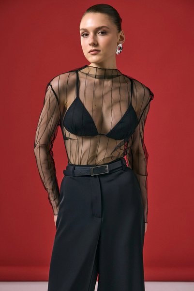 Sateen Striped Sheer Blouse, Black