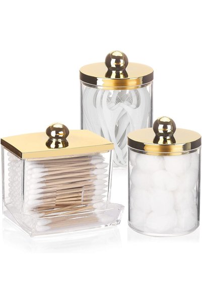 Generic Cotton Ball Holder and Qtips Dispenser Apothecary Jars with Gold Lids