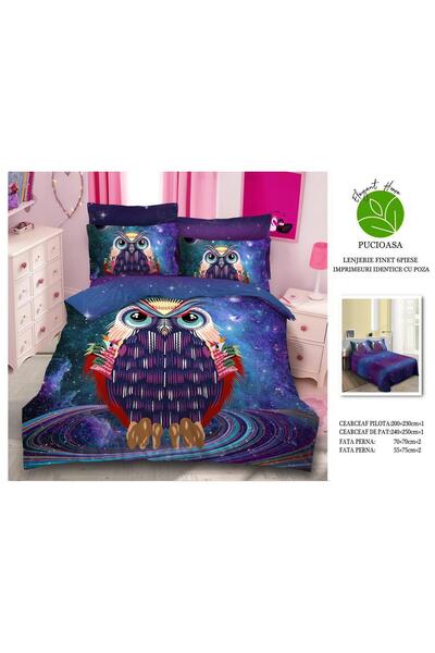 OEM Duvet Cover Set with multicolored owl on blue and purple starry sky, 6 pi...