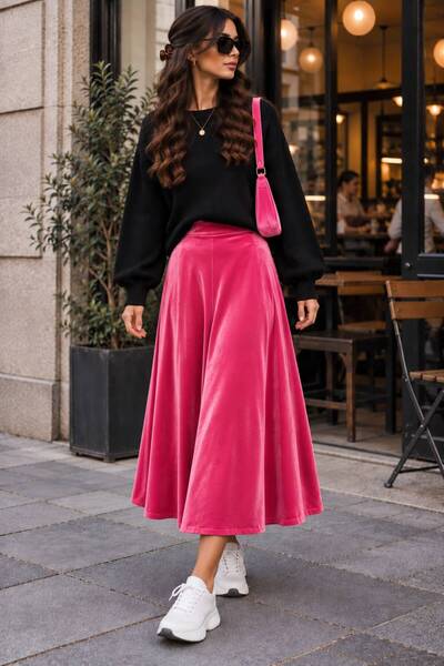 stylingpark Kloş Model Cepli Midi Boy Kadife Etek