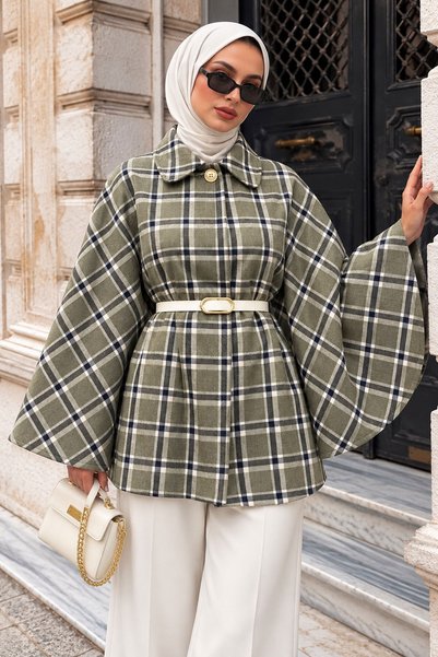 Tesettür Dünyası Poncho în carouri cu nasturi Pera TSD260365 Verde