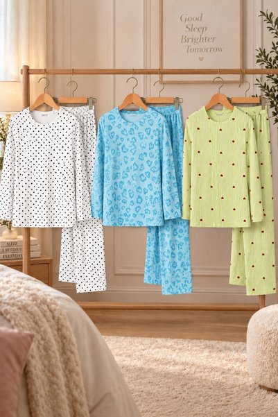 MODAGO 3'Lü Kadın Desenli Uzun Kollu Pijama Takımı Beyaz