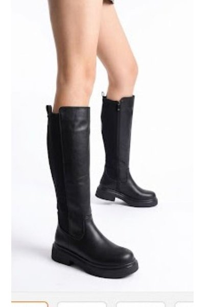 ÜNAL ÖZER WOMEN'S BLACK LEATHER ELASTIC STRETCH BELOW-THE-KNEE CASUAL BOOTS U...