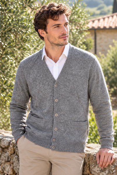 Desen Triko Men’s V-Neck Woven-Patterned Wool Cardigan with Diamond-Patterned...