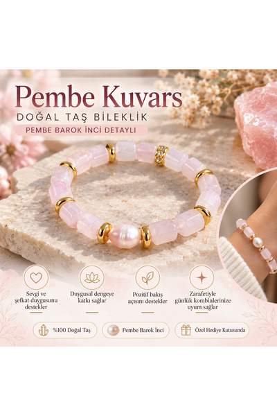 Leyandoğaltaş Leyan Natural Stone Pink Quartz Bracelet with Pink Baroque Pear...