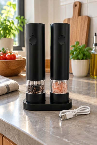 DealsReall Set of 2 Electric Salt and Pepper Grinders, USB Rechargeable, Adju...