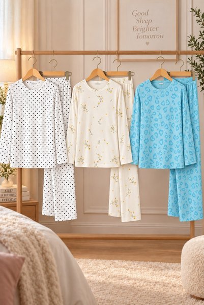 MODAGO 3-Piece Women's Patterned Long-Sleeved Pajama Set in Mint Green