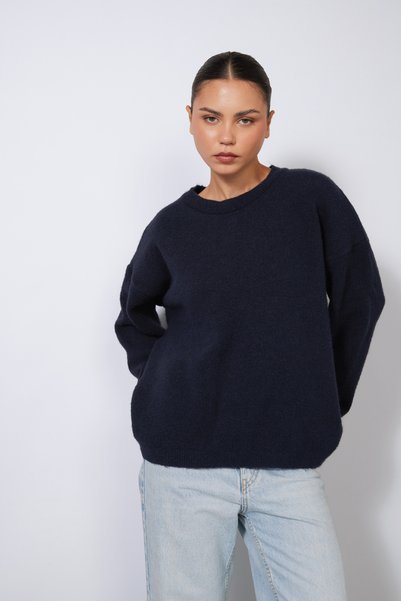 Nisan Oversized WOOL SWEATER WITH BOAT NECK, NAVY BLUE