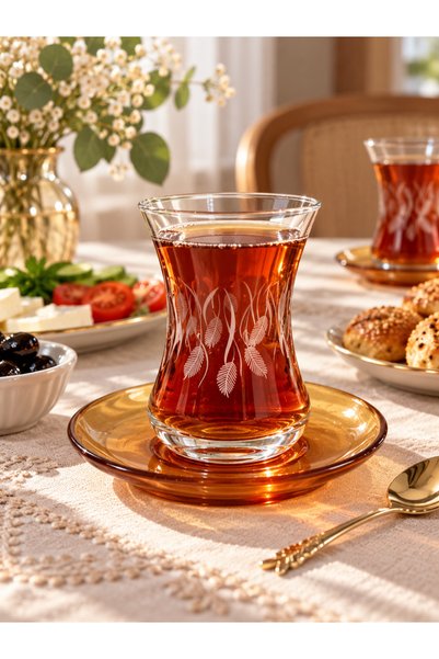 LAV Miracle 12 Parça 6 Kişilik Desenli Cam Çay Bardağı Seti – Amber Renk Taba...