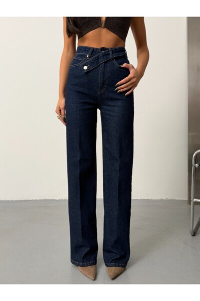 HerTon Women's High-Waisted Asymmetrical Cross-Detail Wide Leg Jeans