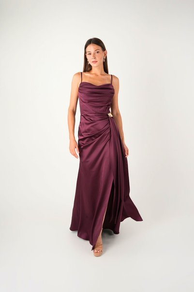 BEYBOS Satin Fabric Shawl Detailed Evening Dress - Patlican Purple