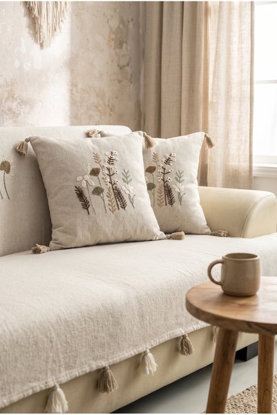 Lux Touch Peony Cream Embroidered Tasseled Hand-Washed 170x210cm Sofa Cover S...