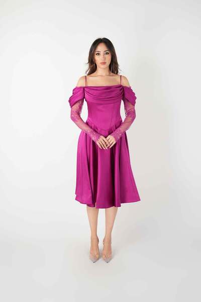 BEYBOS Satin Fabric Degaje Collar Lace Detailed Midi Dress - Fuchsia