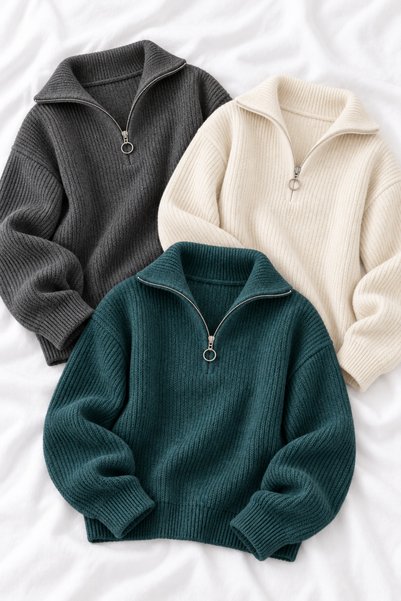 FAVORİST Set of 3 Unisex half-zip selanik knit sweaters—Complete Set