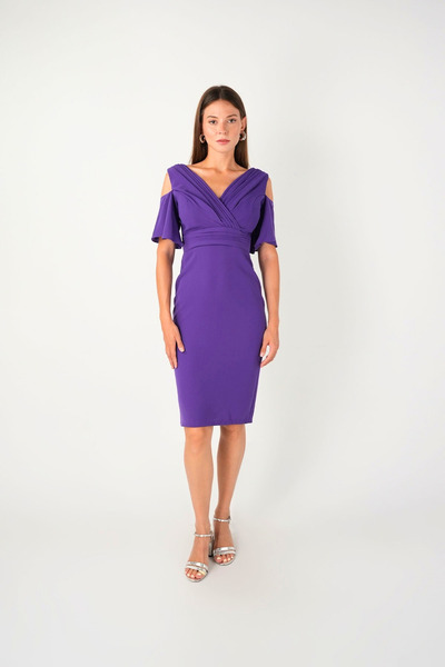 BEYBOS Crepe fabric gathered detail pencil dress - purple
