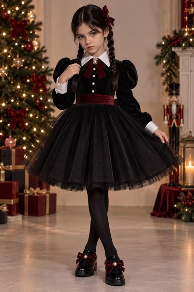 PRİNCESS Girls' Black "Wednesday"-Inspired Burgundy Costume with Bow Detail a...