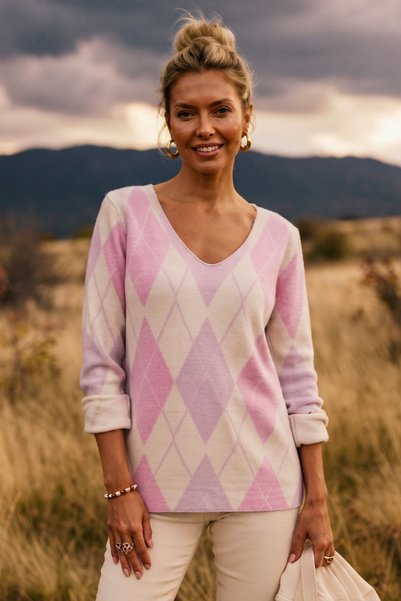 Chiccy Italian Pink V-Neck Long-Sleeve Casual Angora Wool Blend Knit Blouse w...
