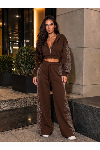 MYSSHOES Women's stone print detailed zippered crop sweatshirt and wide leg t...