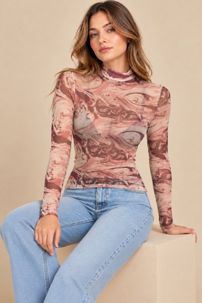 peralist Women's Coffee-Colored Batik Print Mock Neck Long-Sleeve Tulle Blouse